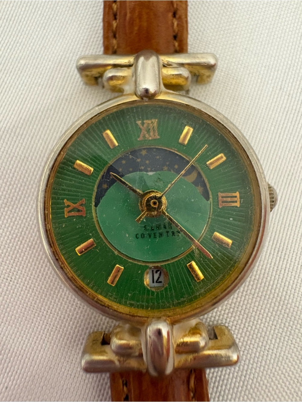 Vintage LA Express Moon Phase Green Dial Women's Leather Strap Watch -Works-